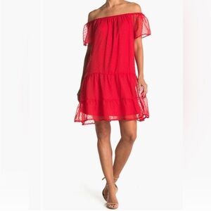 Wrapper Red Swiss Dot Sheer Overlay Drop Waist Dress Short Sleeve Off Shoulder